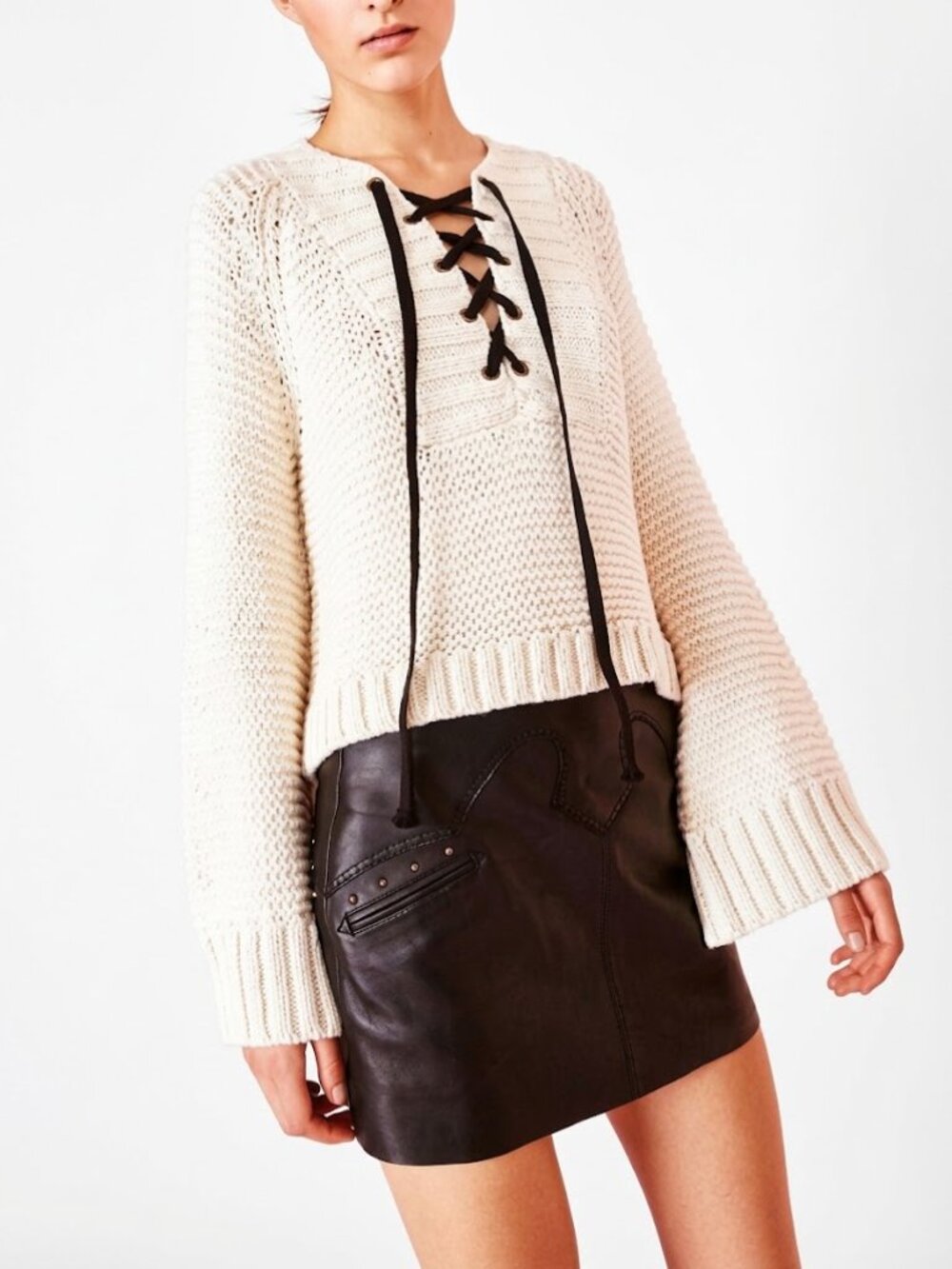 Ulla Johnson Marland Pullover Sweater Cotton Lace Up Chunky Knit Ivory XS
